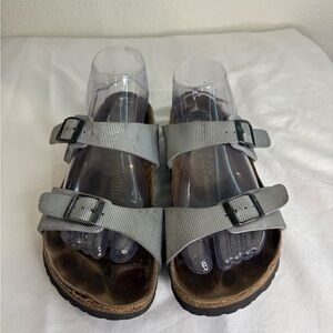 Birkenstock Two-Strap Sandals in Light Gray with Black Buckles